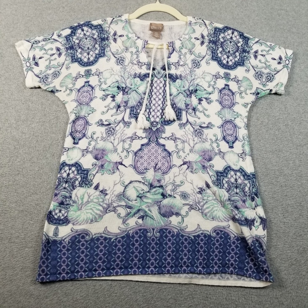 Chico's Top Women's 0 Small Floral See Through Short Sleeve Stretch Tassel Boho